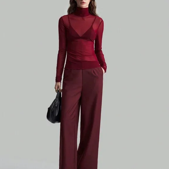 Burgundy  Wine Red Sexy Women's Elegant mesh turtlenck Top - Picture 3 of 8